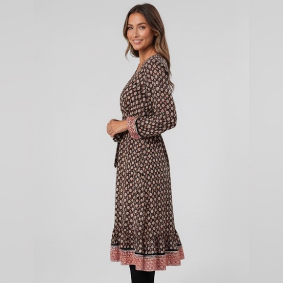 Diamond-Floral Print Lantern Sleeve Overlap Collar Belted Dress - Picture 2 of 6